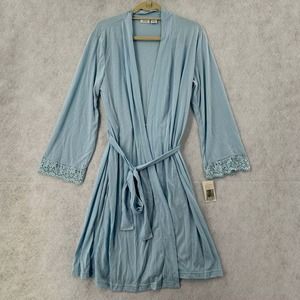 NWT Q.U.E. Sleepwear Robe Womens MED Blue Knee Length Dressing Soft Stretchy